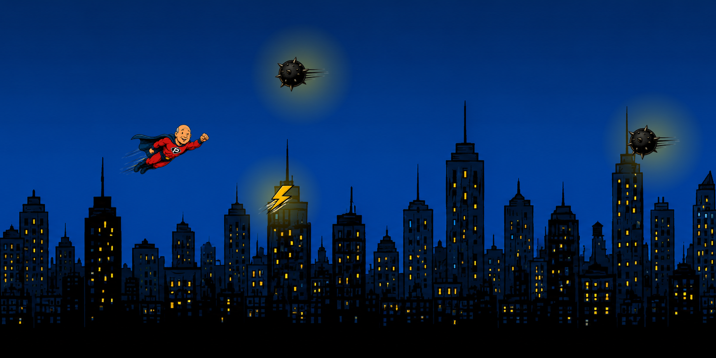 Super Bob flying over the city skyline, dodging spiked bombs and grabbing a lightning bolt